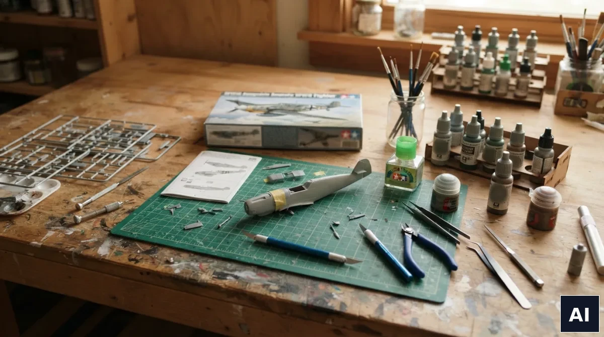 Podstawowy zestaw narzędzi modelarskich rozłożony na stole na start hobby